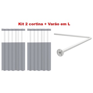 Kit Suporte Varão Banheiro Curvo Em L c/ 2 Cortina Box Cinza Vida Pratika Maxeb