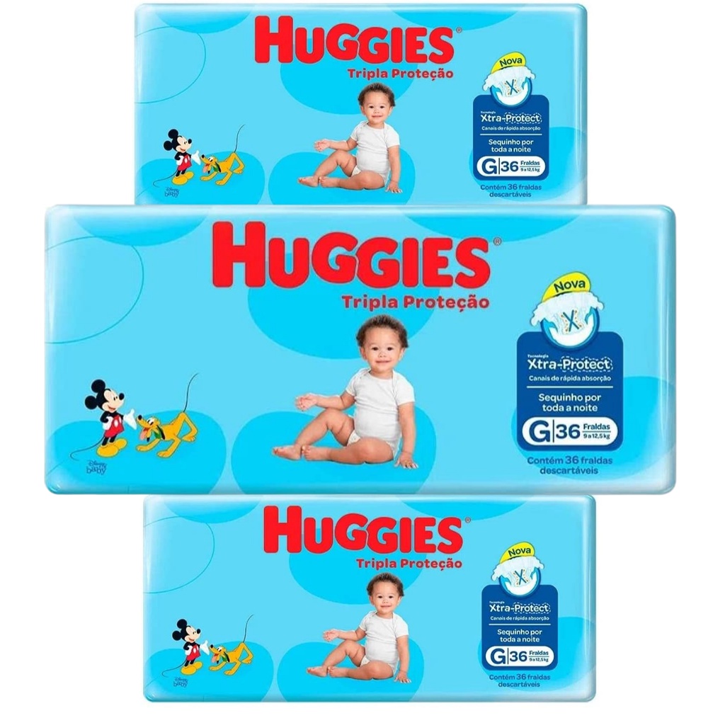 Kit 3 Fralda Huggies Tripla Proteção G Com 36 Unidades / Cada