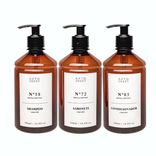 Frasco Ambar de Plástico 500ml Barril 3pçs - Shampoo Condicionador e Sabonete