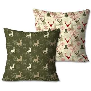 Kit com 2 Capas de Almofadas Decorativas Natal Renas Verde e Bege Único