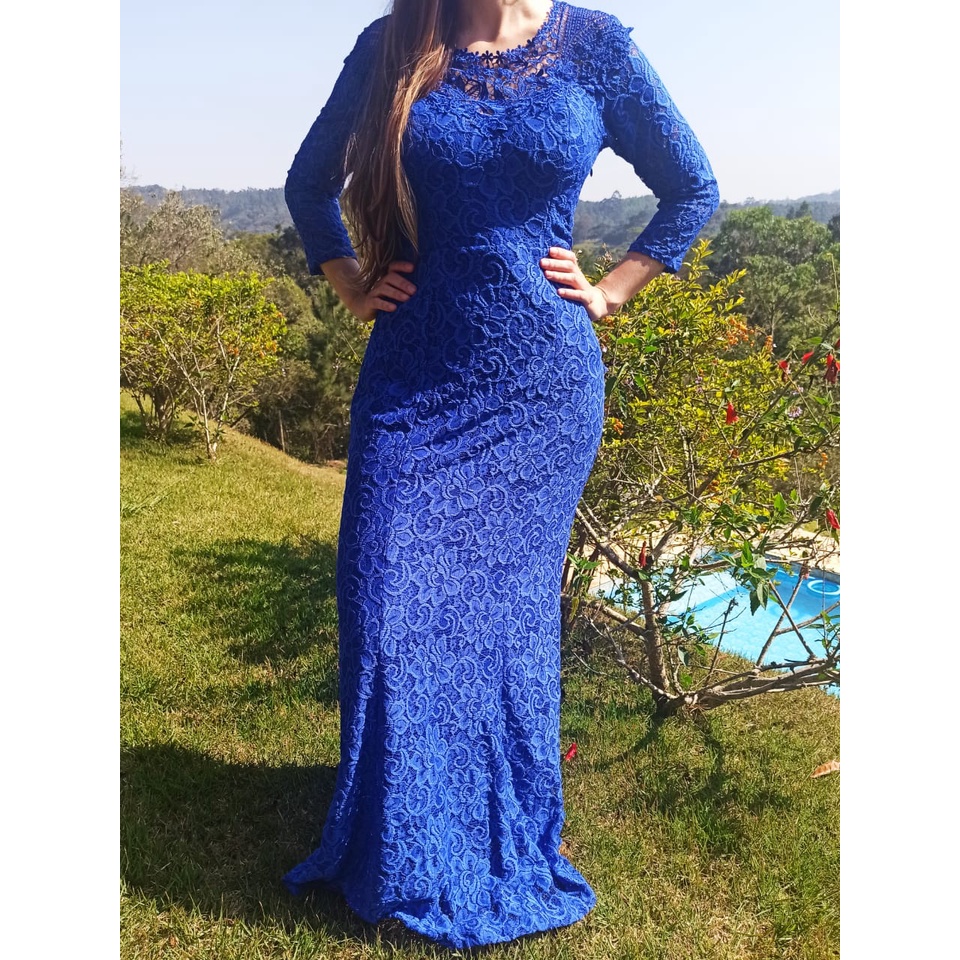 Vestido longo best sale azul de renda