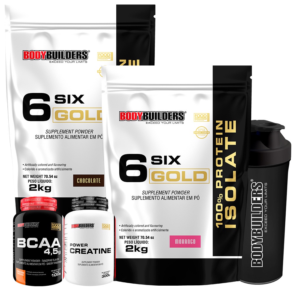 Kit Whey Protein Isolado em Pó Six Gold 2 Kg + Power Creatina 100g + BCAA 4,5 100g + Coqueteleira – Kit Perfeito Para Treino de Alta Intensidade – Bodybuilders