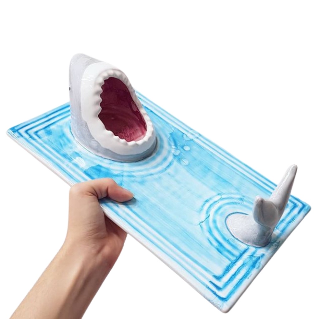 Prato Decorativo Oriental Sushi Porta Molho Tubarão Cerâmica