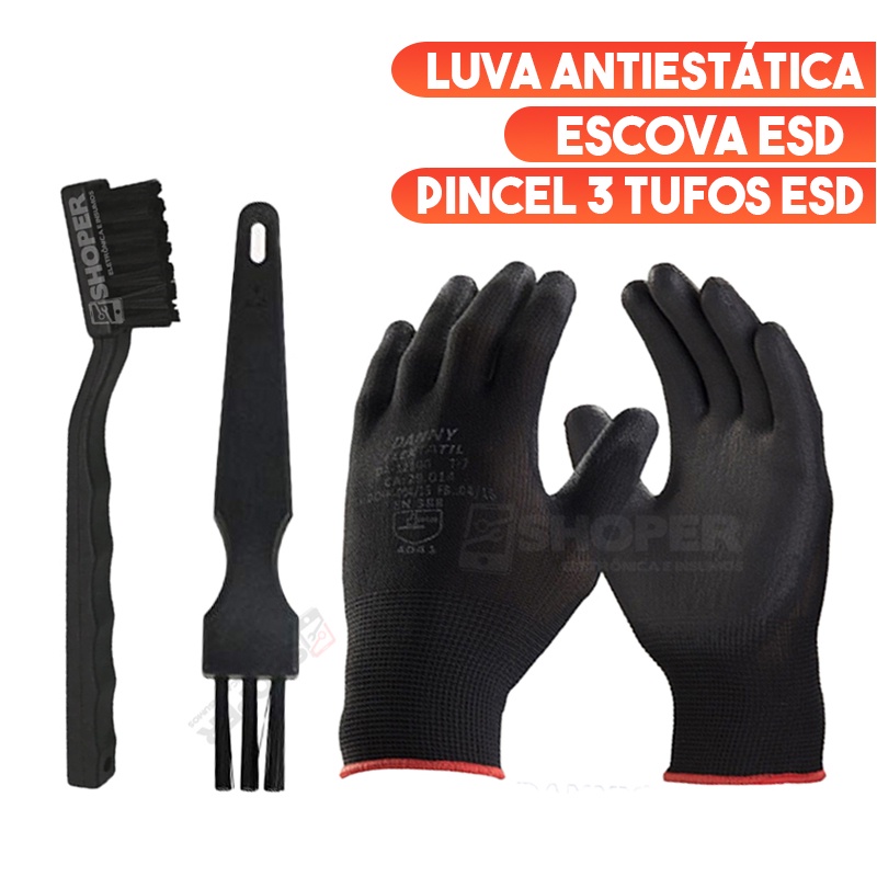 Kit Luva Antiestatica Escova Hikari Antiestática Esd Pincel 3 Tufos Hikari Antiestatico Esd 1139