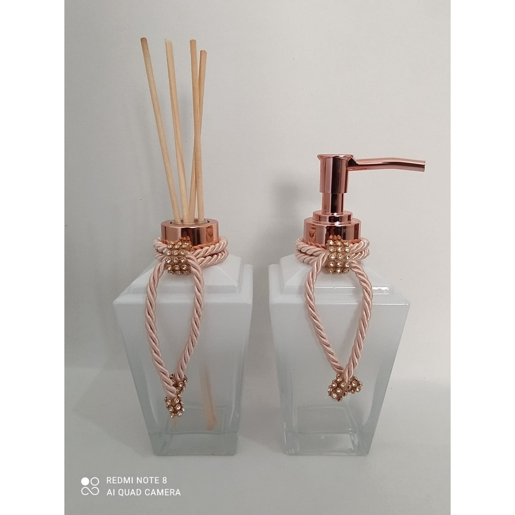 KIT 2 FRASCO VIDRO TRAPEZIO BRANCO DEGRADE LUXO LAVABO PORTA SABONETEIRA E DIFUSOR AROMATIZADOR DE AMBIENTE C/ PINGENTE SAO FRANCISCO SALMÃO