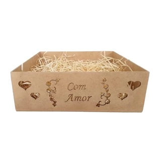 Cesta, Caixa, Bandeja, Presente, 25X25x8 cm COM AMOR, com Palha Natural, MDF Madeira