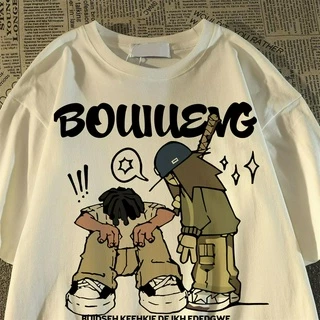 Camiseta Americana Retro Cartoon Puro Algodão Puro Camiseta de Manga Curta Mulher Homens Summer Loose 2024 Novo Top de meia manga de tamanho superior