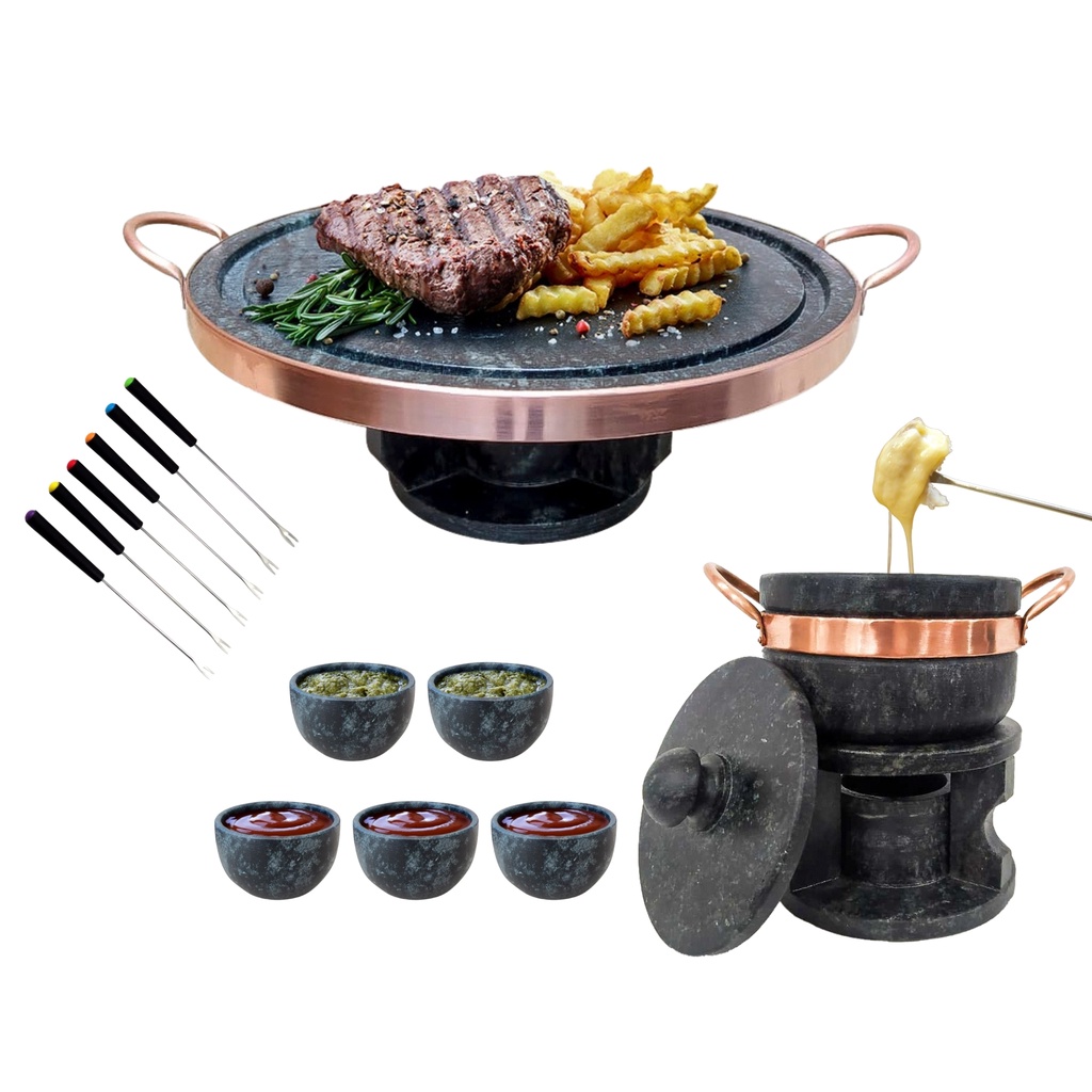 Fondue 32 Cm Pedra Sabão Curado + Fondue 500 Ml Curado + 5 Tigelas de molho + 6 Garfinhos!