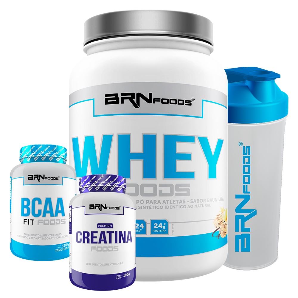 Kit Whey Protein Whey Foods 900g + BCAA 100g + Creatina 100g + Coqueteleira – BRNFOODS Kit para musculação e fitness