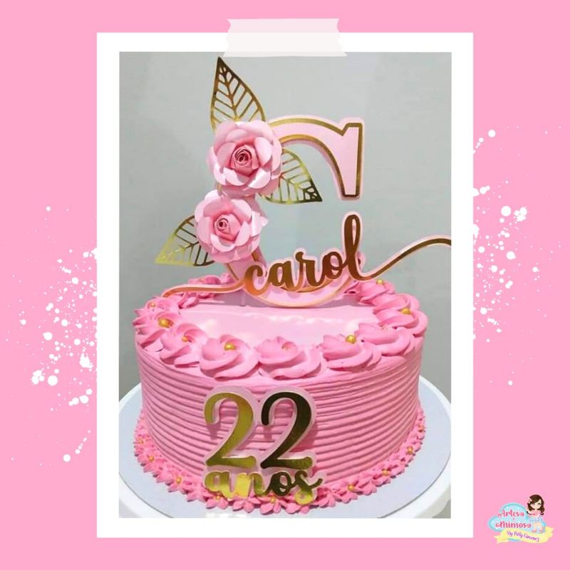 Topo / Topper de Bolo Adulto Feminino Letra Nome Flores 3D