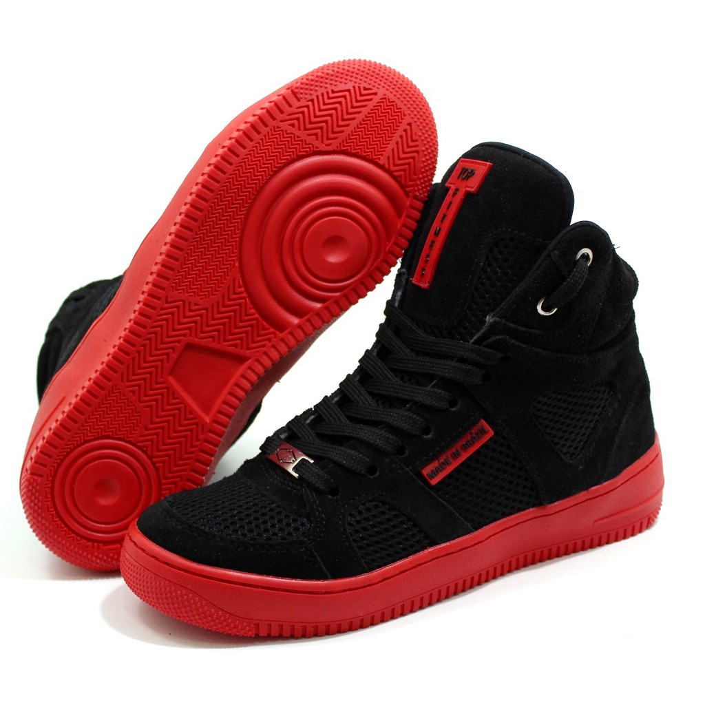 Tenis Botinha Sneaker Cano Alto Moda Marca Top Fitness Confortável Preto/Vermelho