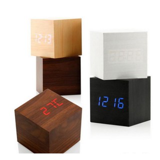 Relógio Despertador De Mesa Digital Moderno De Madeira Com Controle De Voz Cubo