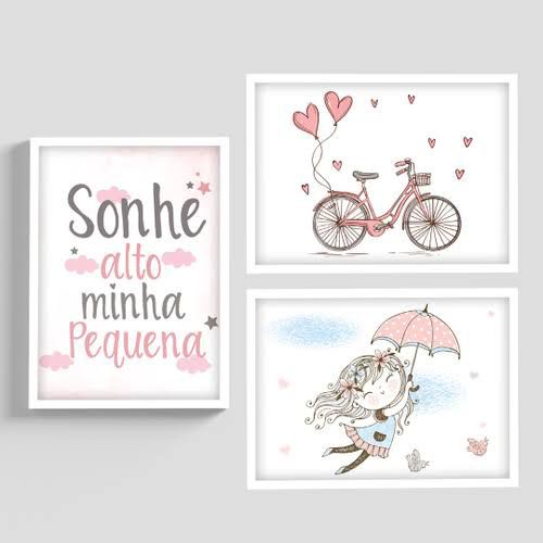 Plaquinhas Decorativas 3 peças Sonhe Alto Minha Menina Desenhos