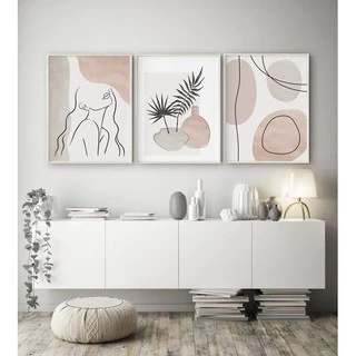 Quadro Decorativo Kit 03 Peças 40x60 Arte Abstrata Mulher Folhagem Para Sala Quarto Escritório - Placas Sem Moldura