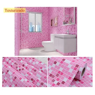 Papel De Parede Adesivo Pastilha Rosa Texturizado P/ Cozinha Banheiro 2MX61CM Lavável Quarto Sala Alta Qualidade