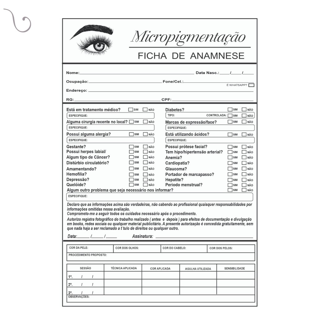Ficha Anamnese Micropigmentação 100 Folhas Danibeleza - Dani
