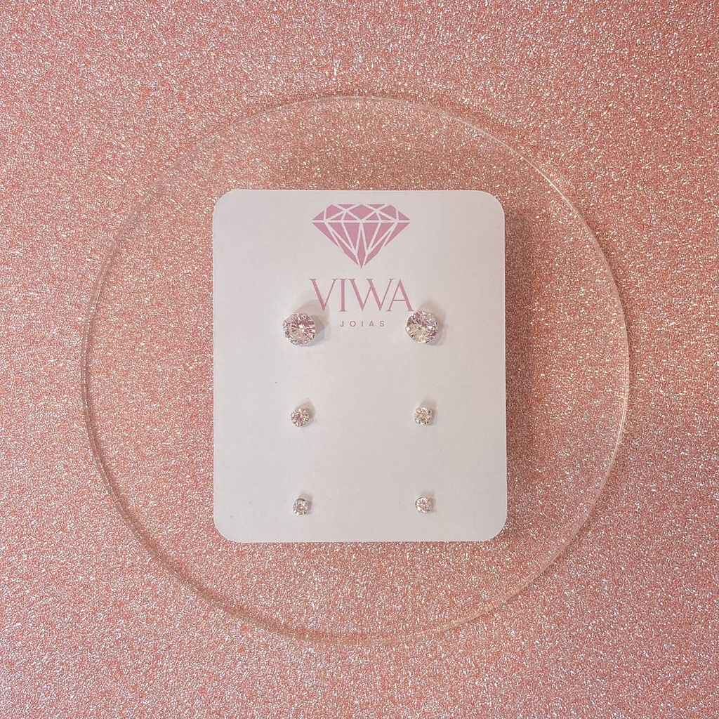 Kit 3 pares de Brincos Trio Pedra Zircônia Brilhante 5mm 3mm 2,5mm em Aço Inox e Prata