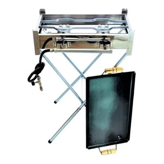 Fogão Inox Fogareiro Industrial A Gás 2 Bocas Com Chapa E Pés Desmontável + Kit Gás Incluso