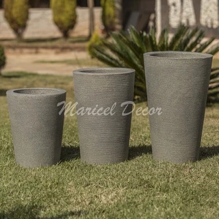 Kit 3 Vasos Texturizados para plantas em Polietileno Redondo Cone Escovado Luxo Moderno