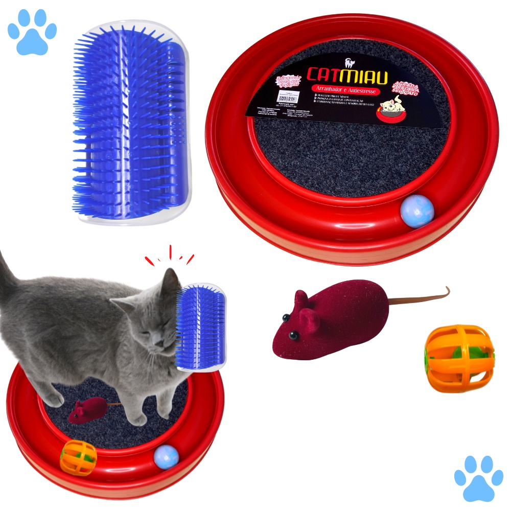 Kit Brinquedo para Gatos: Arranhador Interativo + Escova Coça Gato + Ratinho Colorido + Bolinha Guizo Oval