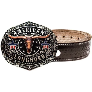 Cinto Country Couro Legitimo + Fivela American Longhorn Original CV