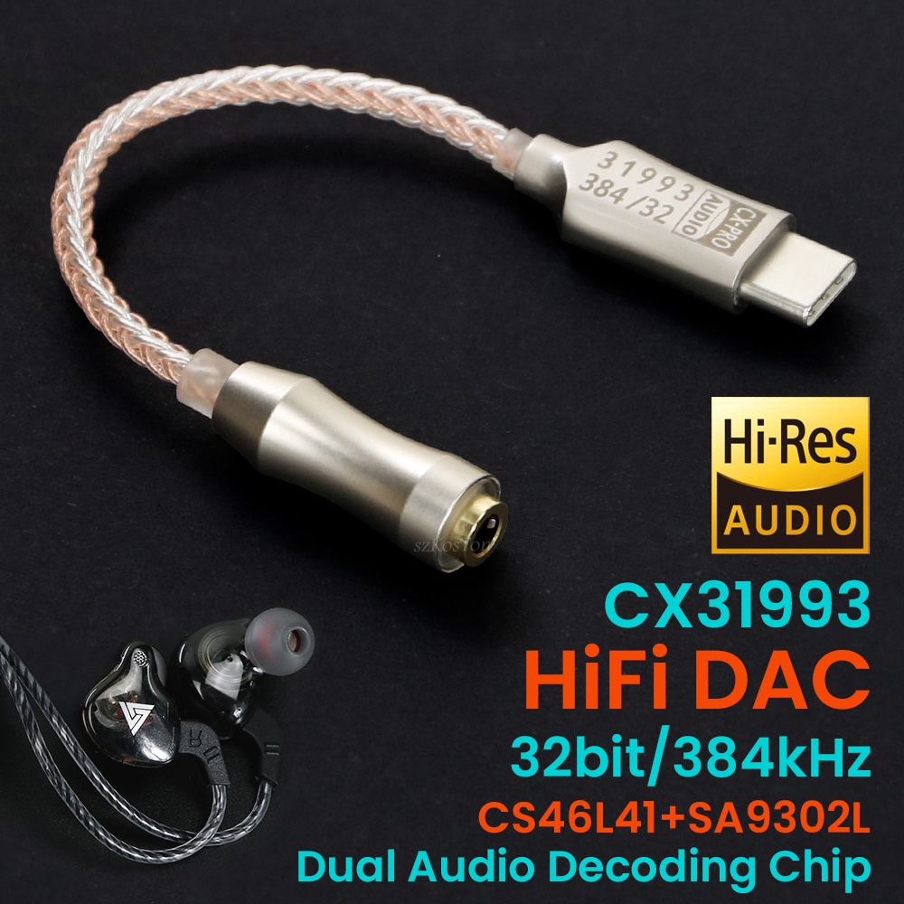 Adaptador DAC USB Type C 32bit CX-PRO Conexant CX31993 384khz SNR 128dB Headphone Amp 3.5mm Android iOS Windows 10