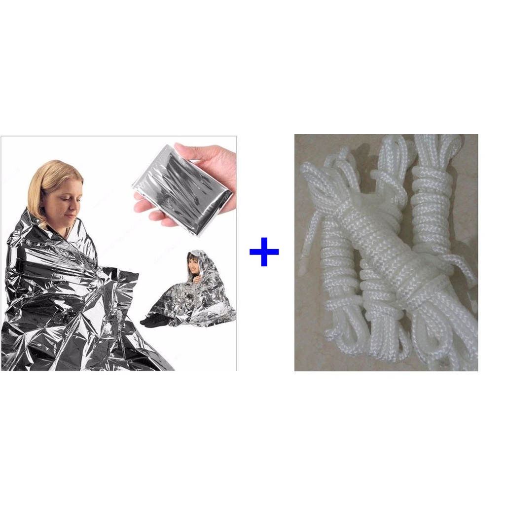 kit 1 manta térmica + corda polipropileno (6mm) de 3 metros. camping kit sobrevivência acampamento