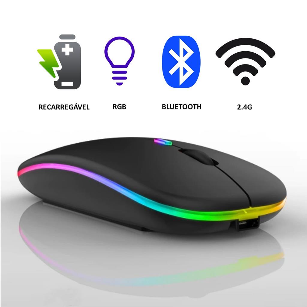 Mouse Bluetooth e Wireless Recarregável Sem Fio Gamer Led Rgb 2.4 ghz Bt 5.0 Compatível com Celular Notebook Computador Tablet