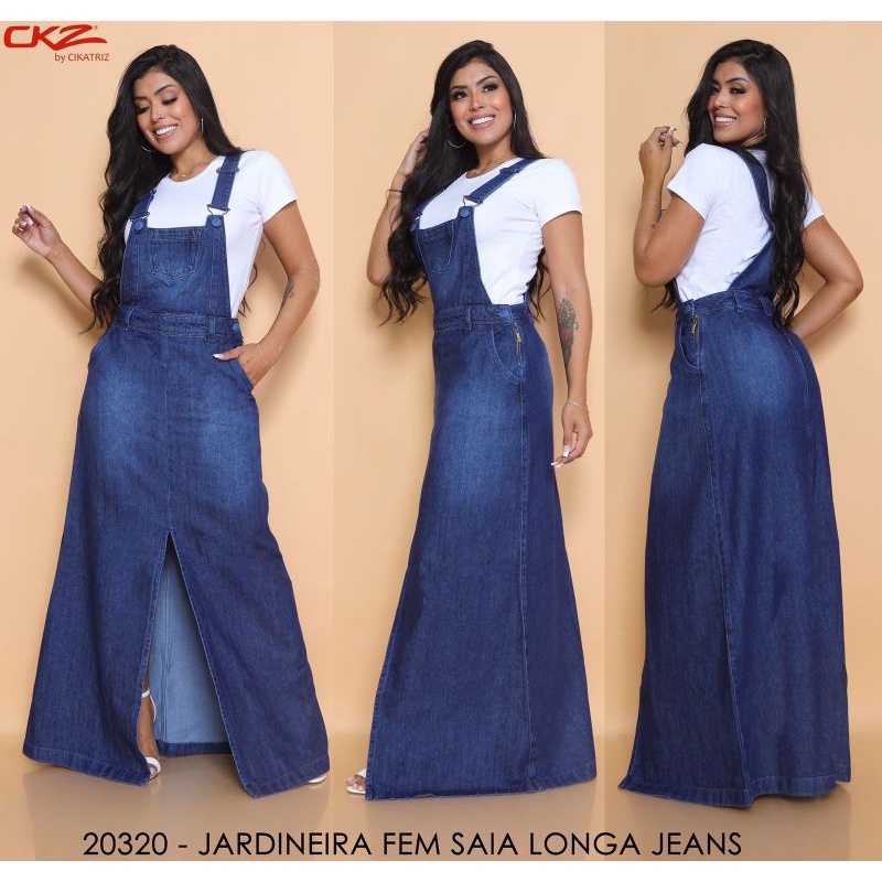 Jardineira jeans sale saia comprida