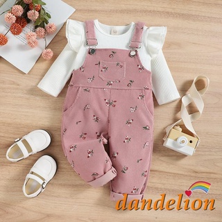 Dandelion-6 Meses-4 Anos Baby Girls 2 Peças Traje , Blusa De Manga Longa De Gola Redonda + Conjunto De Calças Suspensório Com Estampa Floral