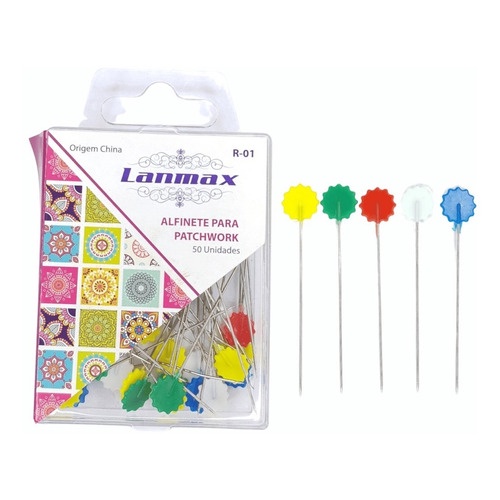 50 Alfinete Cabeça Flor Colorida Costura Patchwork C/ Caixa