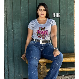 Camiseta Feminina Cinza Country Texas Ferradura Flores BF406