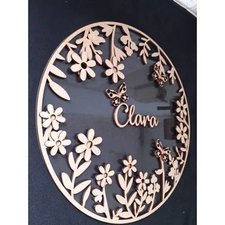 Placa floral mdf 25cm com fundo em acrilico