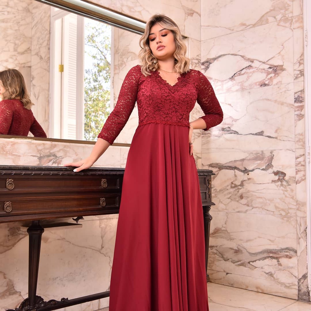 Vestido longo festa madrinha 2024 marsala