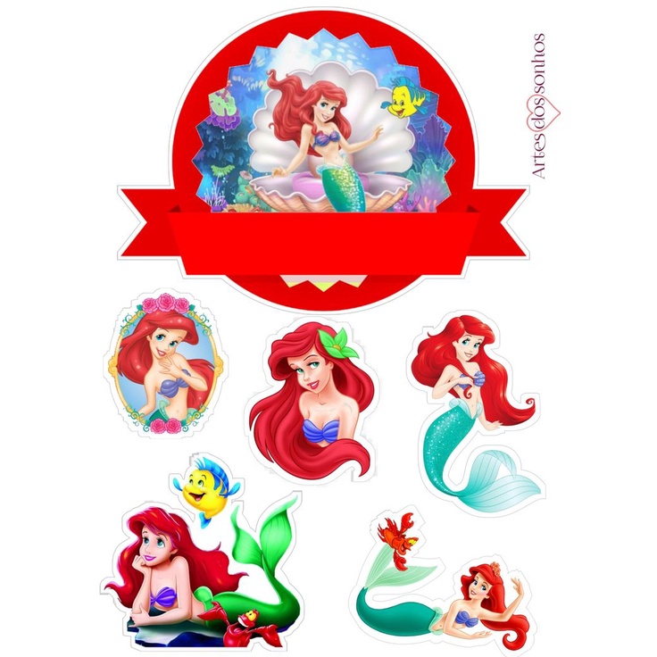 Topper de Bolo Sereia Princesa Ariel Topo Personalizado