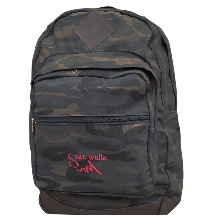 Mochila Jeans Escolar Universitária - Preta Camuflada com Detalhe de Couro Ecológico