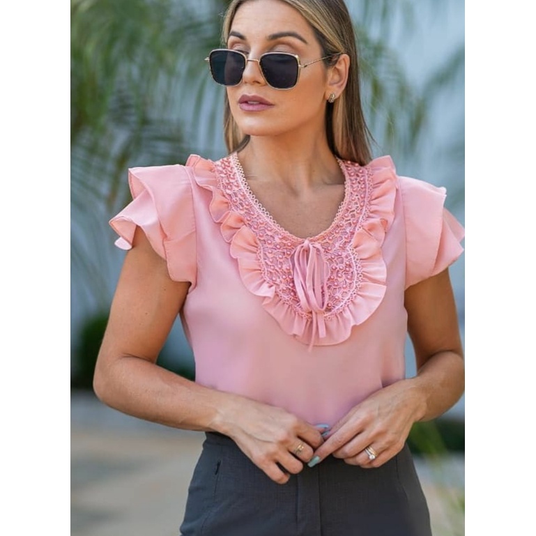 Blusa Bata Feminina Sem Manga Com Babados Charme