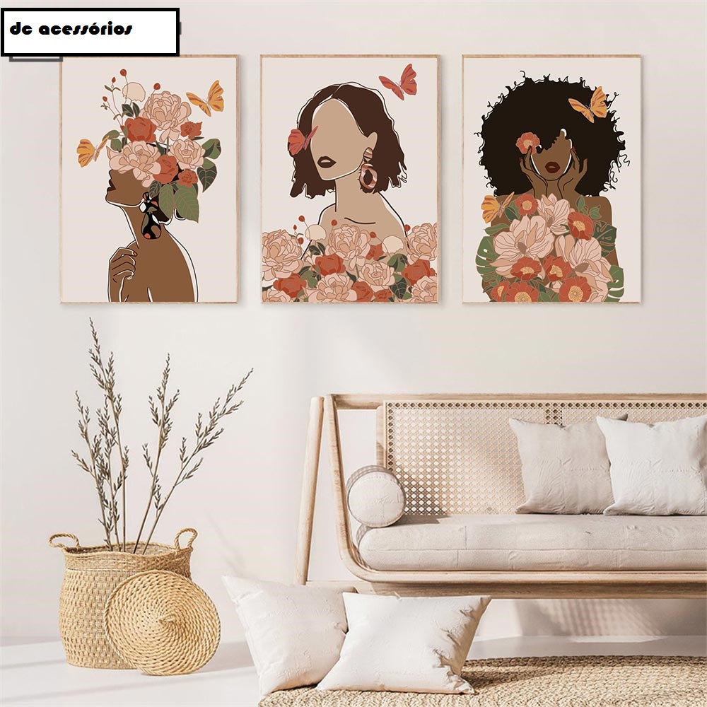 Quadro Decorativo 3 Peças 40x60 Flor Mulher Cabeça Nórdico Pele Preta Boho Borboleta Moderno 0286