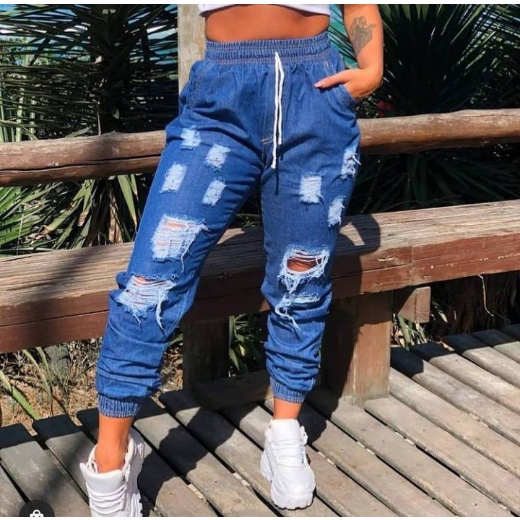 Calça Feminina Jogger Jeans Destroyed Cintura Alta Blogueira Azul