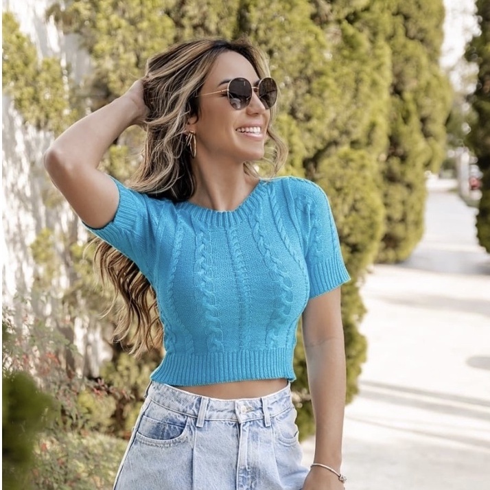 Cropped Tricot Modal Top Tricô Decote Em V Moda Blogueira