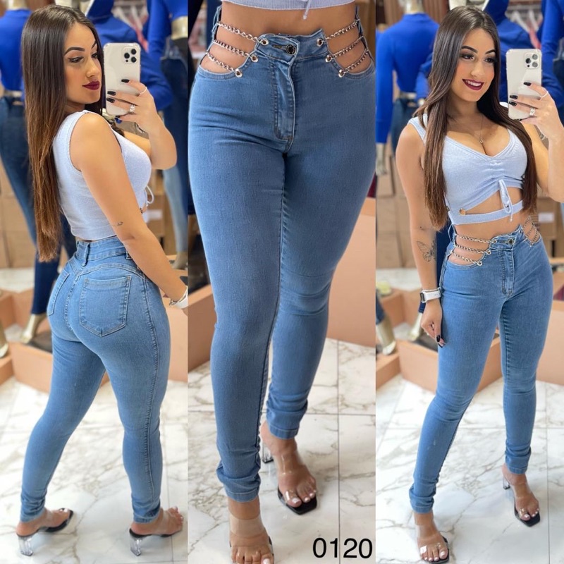 Calça Jeans Cintura Alta, Corrente na Lateral