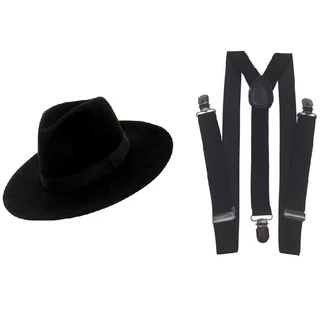 Kit Chapéu Fedora Feltro Preto + Suspensório Adulto Preto