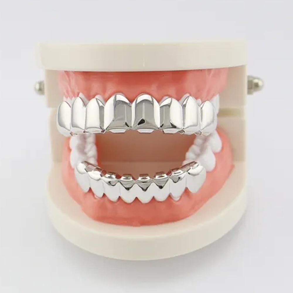 Grillz 8 Dentes Banhado A Prata Hiphop Superior + Inferior