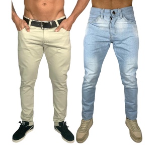 Kit 2 Calça Sarja Preta Masculina Slim Fit C/ Lycra Skinny Bege Cinza Bordo Preta Branca Azul Marrom Caramelo