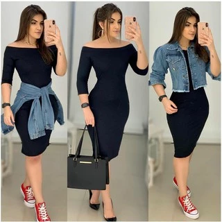 Vestido Manga Longa Canelado Midi Inverno