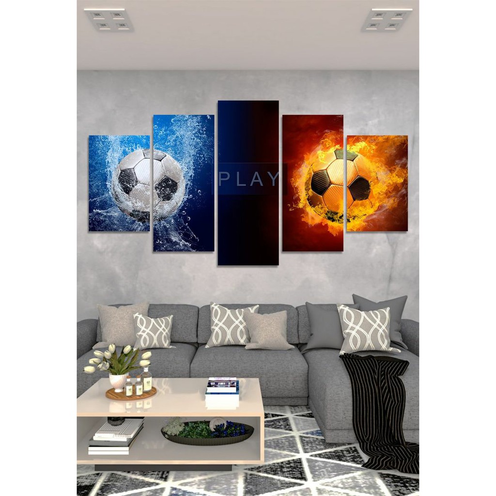 Quadro Mosaico 5 Peças Para Sala/Quarto Decoração Bolas de Futebol