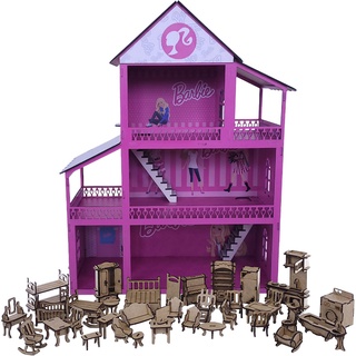 Casa Casinha De Boneca 60 cm Em MDF (Montada) + Jogo 30 Mini Moveis  Montados