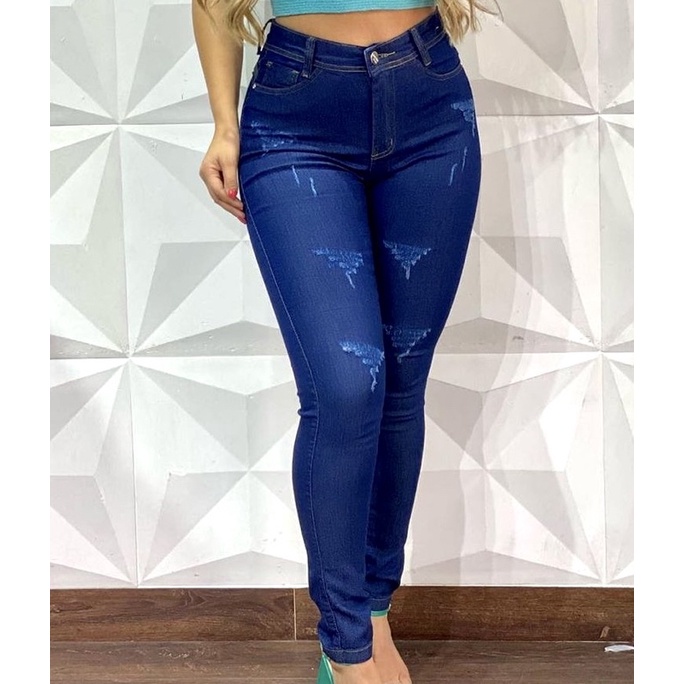 Calça Jeans Feminina Skinny com Lycra Cós Alto Cintura Alta