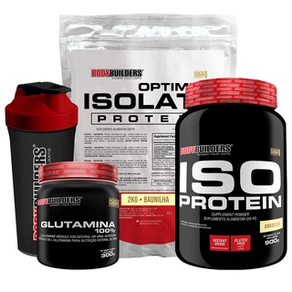 Kit Suplemento de Proteína Isolada Iso Protein 900g + Optimum Isolate Protein 2kg + Glutamina 100% 300g + Coqueteleira - Potencializsção na Musculação de Academia com Energia Extra - Bodybuilders