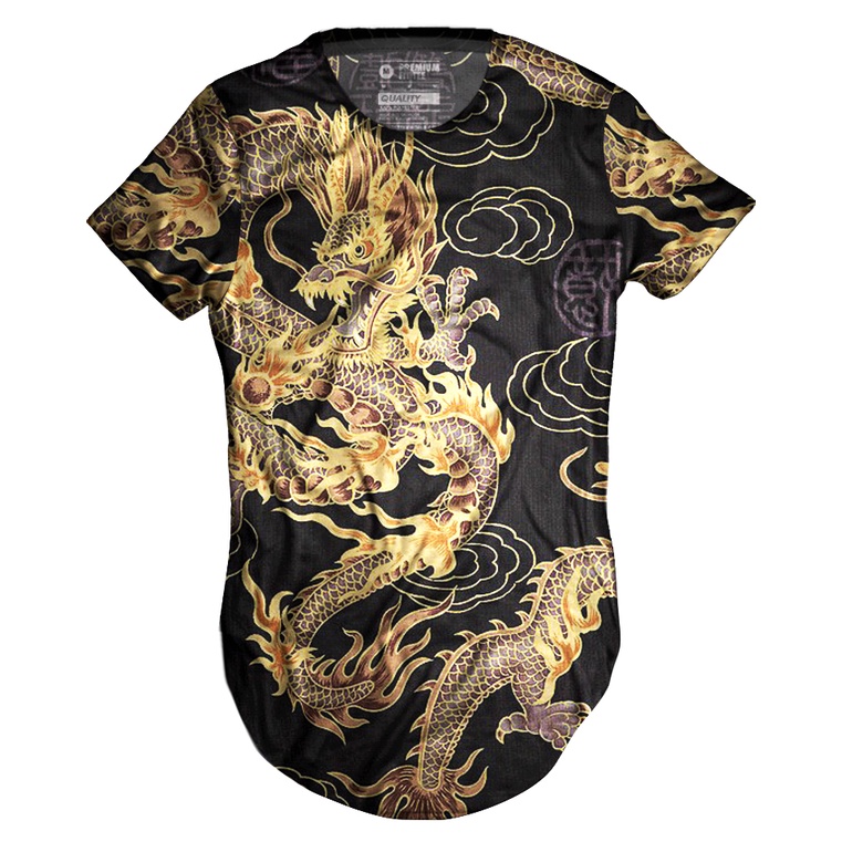 Camiseta Masculina Estampa Dragão Oriental Longline Long Oversized Longa Alongada Preta